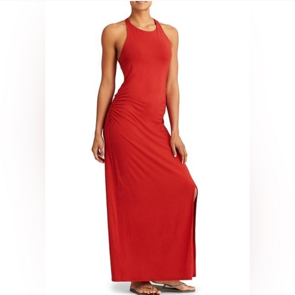 Athleta pink maxi dress with razor back and built in bra. Has pockets!